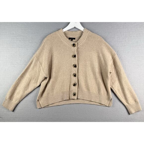 Quince 100% Organic Cotton Cropped Cardigan Womens Sz L Cement Tan Minimalist - Picture 2 of 11